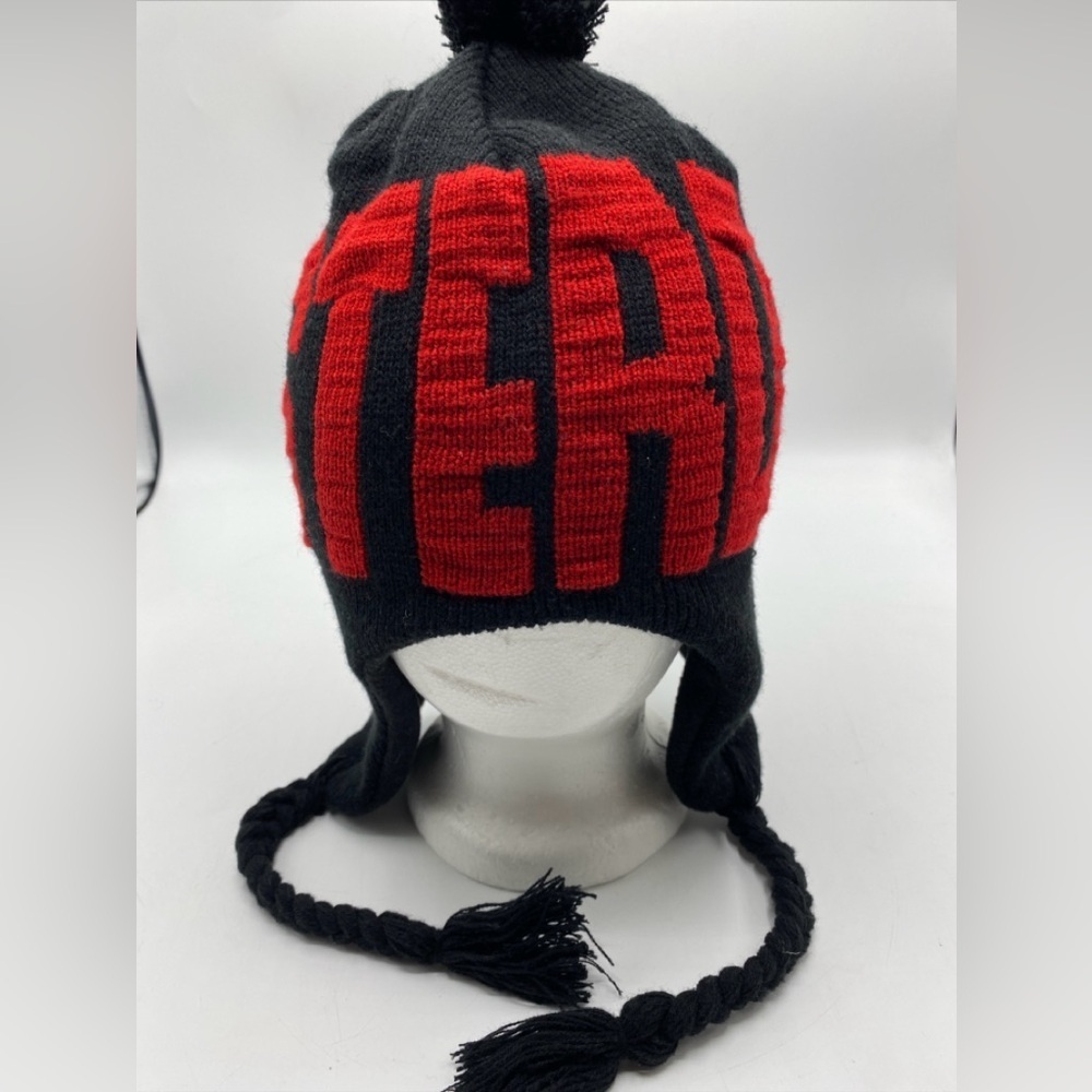 Amsterdam Beanie Hat Toboggan Knitted Pom Poms Robin Black Red One Size